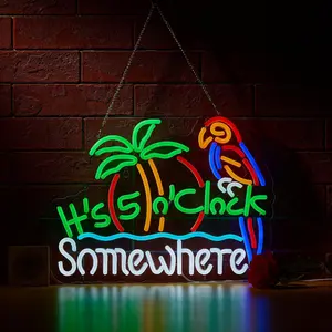 Parrot Its 5 00 O'clock Some Where Neon Sign for Wall Decor USB Powered Five Oclock Bar Beer LED Light  Man Cave