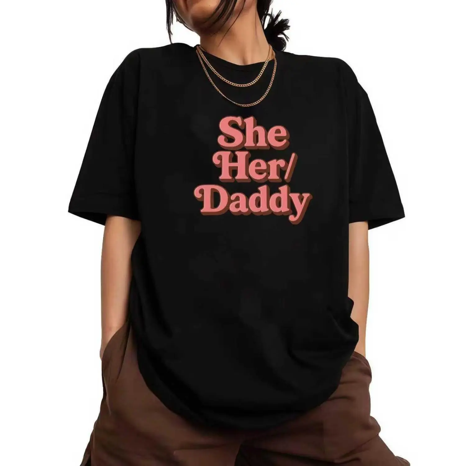 Tshirt Displaying She Her Daddy Phrase In Red With Unique Line Break Design