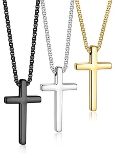 Easter Basket Stuffers - 2 Pcs/3 Pcs Cross Necklace for Men, Silver Black Gold Cross Chain Stainless Steel Cross Pendant Jewelry Gifts for Boys Men 16-30 Inches