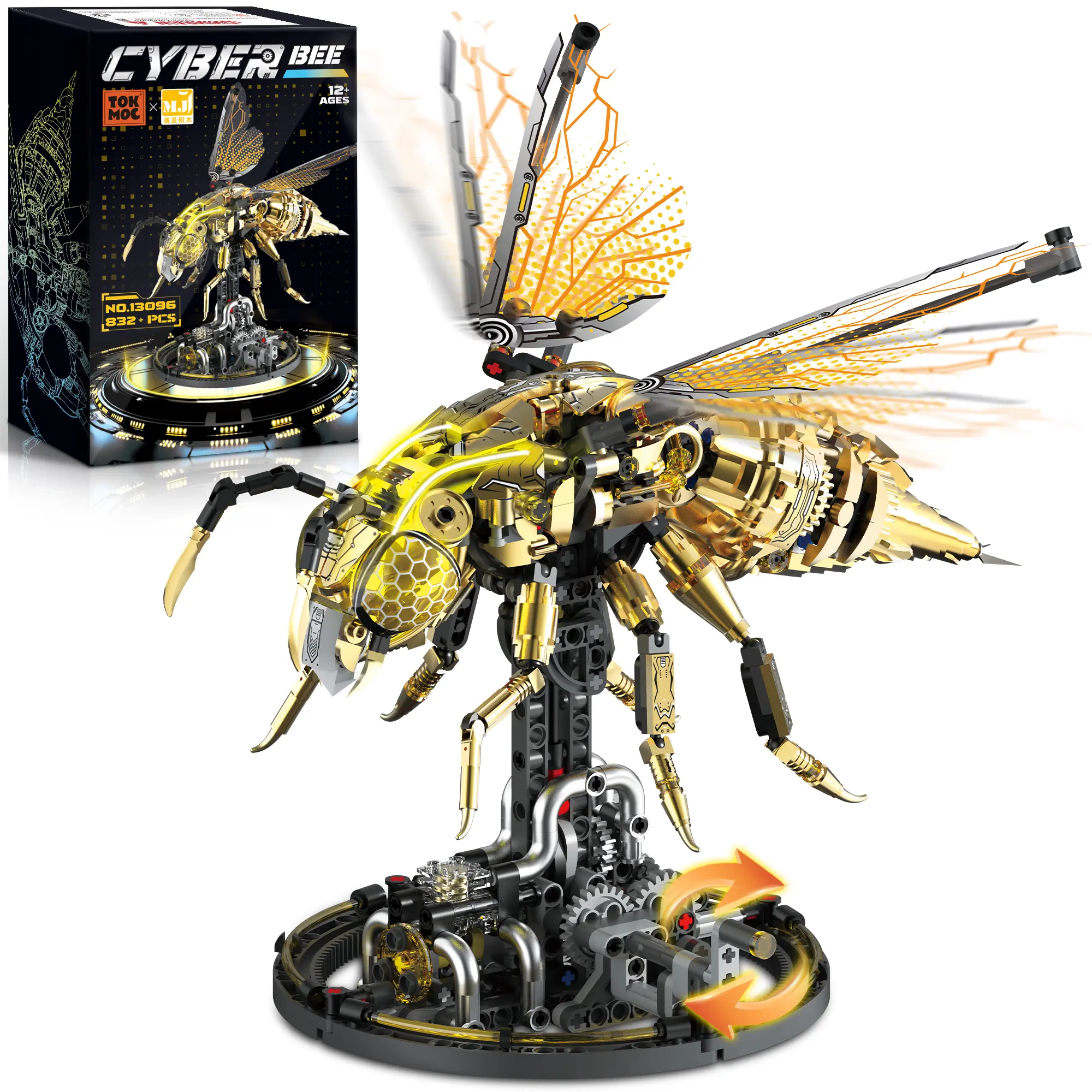 TOKMOC 832-Piece Cyberpunk Mechanical Bee Building Set with LED Lights, Manual Gears, Moving Wings, Bricks & Parts, STEM Fun Animals & Nature Insect Model, Collectible Stress Relief Toy for Game Fans (Ages 12+)