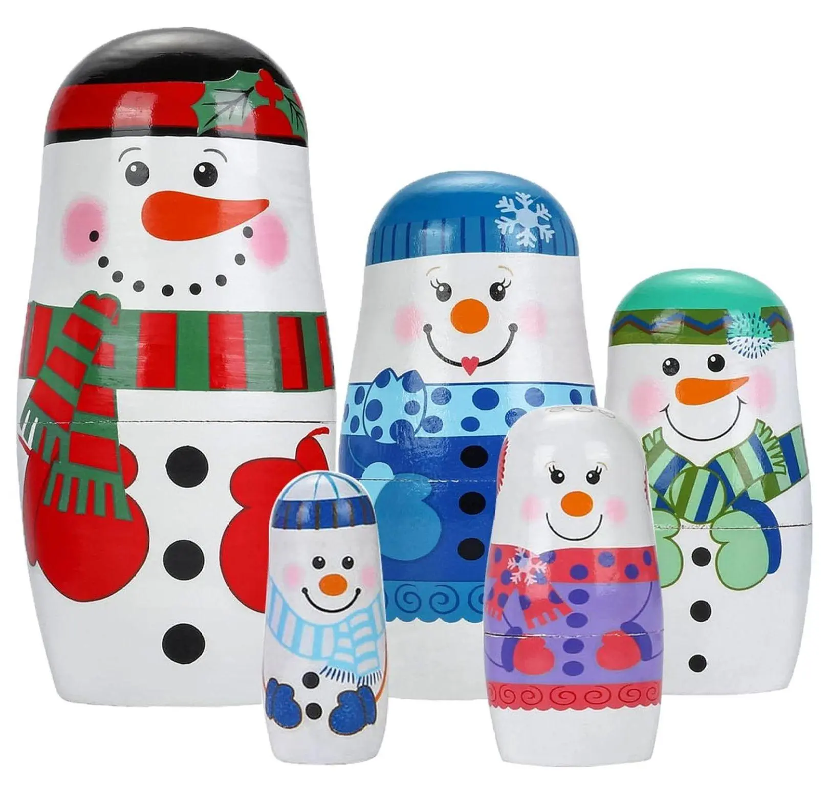 Traditional Vibrant Handcrafted Wooden Russian 5-Piece Nesting Dolls - Snowman Matryoshka, Christmas Gifts, Birthday Item, Collectors' Beautiful Display Piece, Engaging Fun Home Decor (5.71 x 2.87 x 2.8 inches), Russian Nesting Dolls