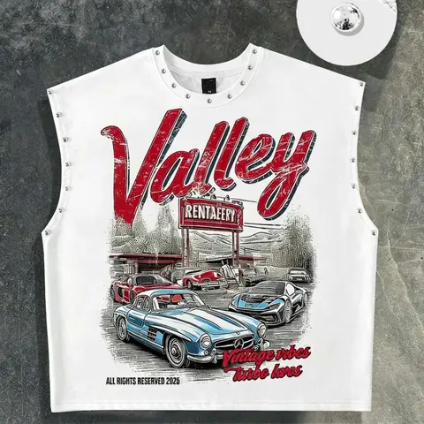 Unisex Coconut Tree and Car Pattern Printed Loose Tank Top, Retro Sleeveless Top with Metal Rivets, Summer Casual Tank for Men and Women