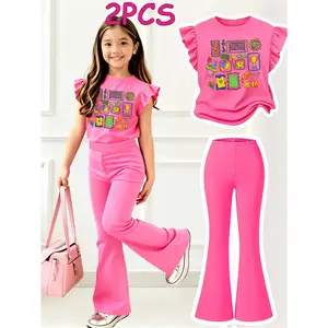 2PCS Girls Clothes T-Shirt Bottom Pants Set  Colorful Patchwork Design Pattern Print Girl Clothes Flutter Sleeve Round Neck T-Shirt Bell Bottom Pants Set Perfect For Outdoor  Kids Clothes