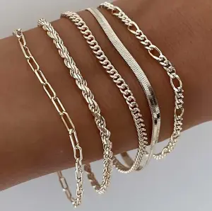 Greenish Spring Jewelry, Trendy Thin Dainty Stackable Cuban Link Paperclip Chain Bracelet Pack Fashion Accessories maximalist jewelry Bracelets for Women Waterproof, Jewelry Sets Gift,Elegant Minimalist Bangle Gift