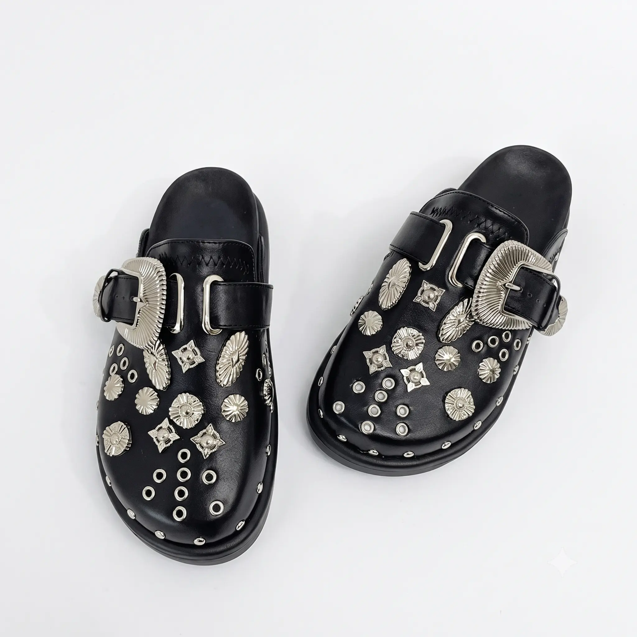 Women's Edgy Black Studded Platform Mules - Rock Grunge Clogs, Backless Slippers with Large Ornate Western Buckle Metal Ornaments, Boho Chic Comfort Casual Street Style Shoe & Footwear Statement Piece