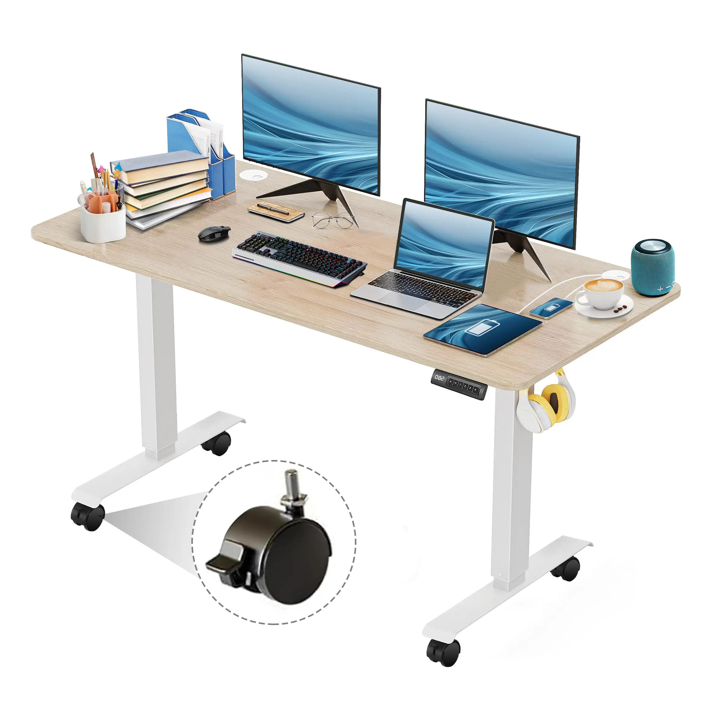 48/55/63/70.8 Inches Electric Standing Desk with Wheels Adjustable Height from 27"-45" Sit Stand Up Desk Computer Workstation for Home Office Easy Mov