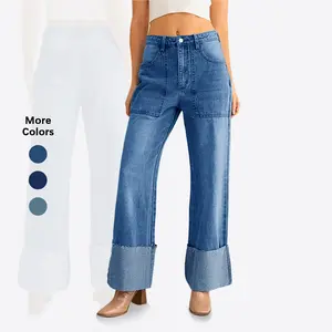 Flowyair Women's Baggy Cuffed Cotton Denim Straight Leg Boyfriend Jeans, 5-Pocket Casual Pants, Straight Leg Jeans, 5 Pocket Jeans