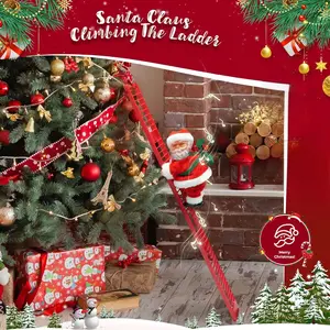 Electric Climbing Ladder Santa Claus Toy, Plays Music, Can Climb Stairs & Flip Down, Christmas Gift, Holiday Decoration, Battery Not Included