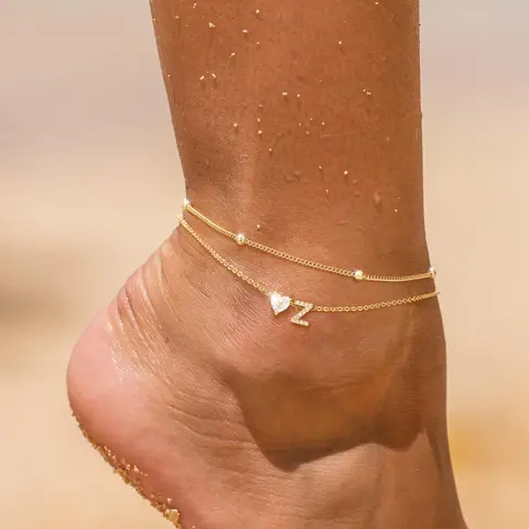 TEWIKY Women's Gold Layered Anklets Sets - Adjustable Foot Jewelry with Dainty Heart Alphabet Initial Cubic Zirconia Charm, Waterproof, Aesthetic Girly Fun Anklets for Birthday, Casual Daily Wear