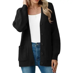 Women Chunky Knit Cardigan Sweater Long Sleeve V Neck Button up Cardigan with Pocket Sweater Coat for Fall and Winter