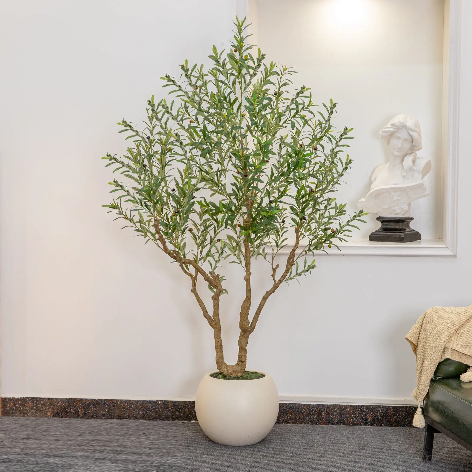 Olive Tree Artificial Indoor, 8FT Tall Faux Olive Tree with 18in Round White Planter, Artificial Plants with Natural Wood Trunk and Lifelike Fruits for Home Office Decor