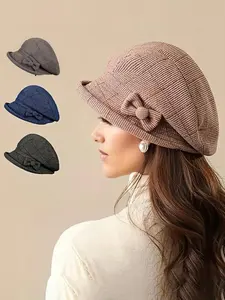 Women's Elegant Plaid Pattern Bow Decor Beret, Casual Trendy Matching Hats for Fall & Winter, Fashion Accessories for Women & Girls