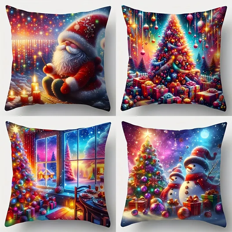 4pcs-Christmas Theme Throw Pillow Covers, Vibrant Tree, Snowman and Santa Claus Designs, Suitable for Living Room Sofa Holiday Decor, Cushion Cover Decoration for Room Decor and Bedroom Decor, Single Sided Printing, No Pillow Core