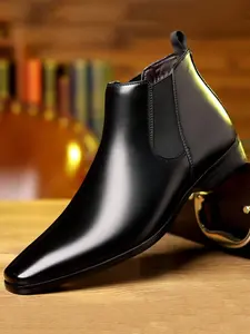 Men's Pointed Toe Slip-On Closed PU Leather Chelsea Boots, Comfortable Rubber Sole Casual Shoes, Daily Wear Fashion Sneakers Footwear, Walking Shoes