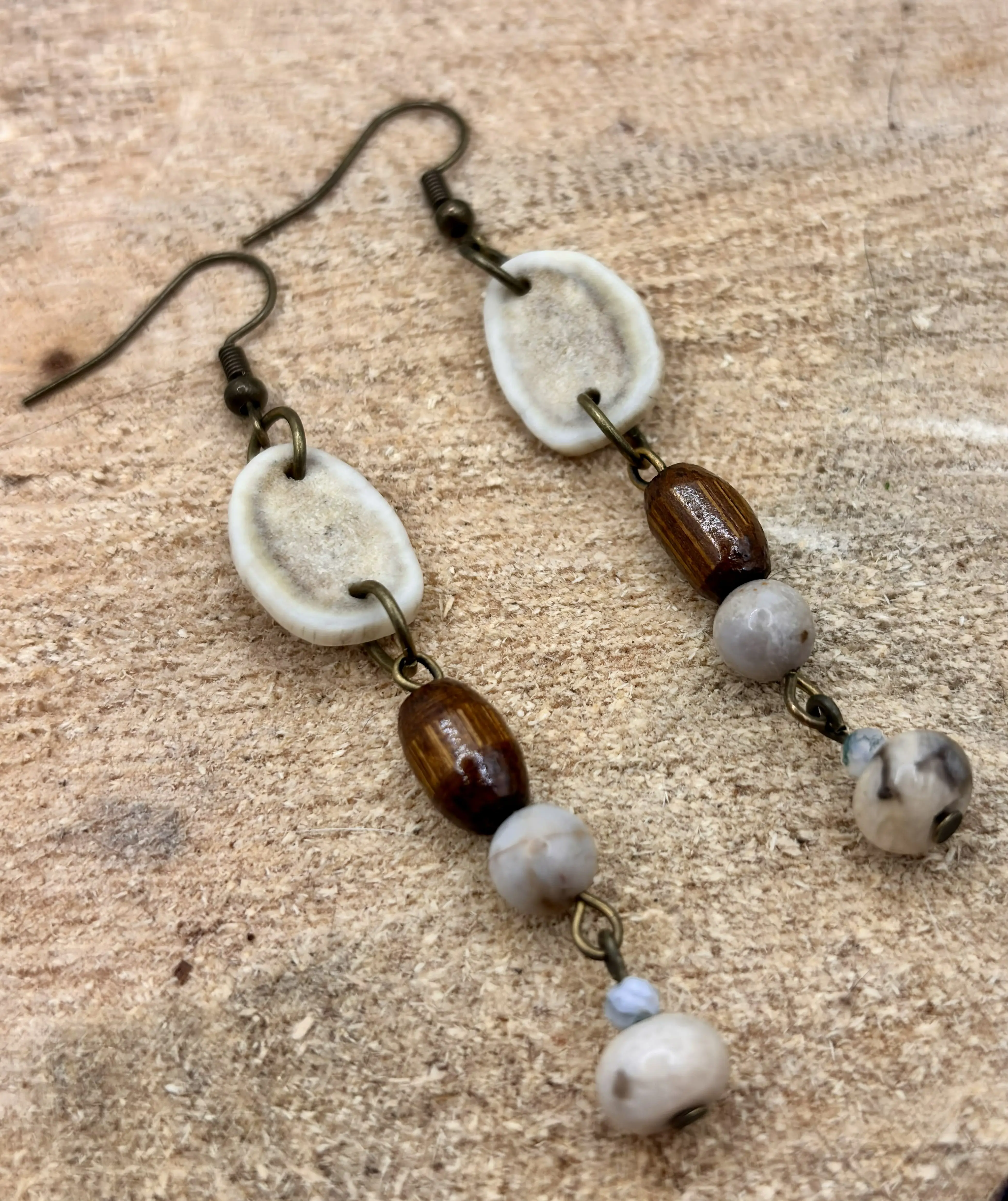 Handmade Western Boho Antler, Maple Wood & Indian Agate & Howlite Drop Earrings