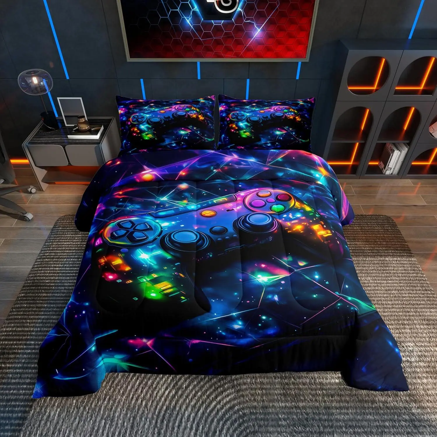 Feelyou Kids Bedding Set - Gamer Look Galaxy 3D Digital Print Microfibre Duvet Set, Soft Breathable Fabric, Glitter Gamepad Accent, Machine Washable, Multi-Size (Incl. Queen), Teens Bedroom Decor, Kids Gamer