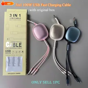 3-in-1 retractable USB charging cable with original box, up to 100W fast charging, USB to C/Micro USB compatible with iPhone 17 16 15 13/14/12/11/X, Huawei, Samsung, earphones, smart devices, data synchronization, USB power supply