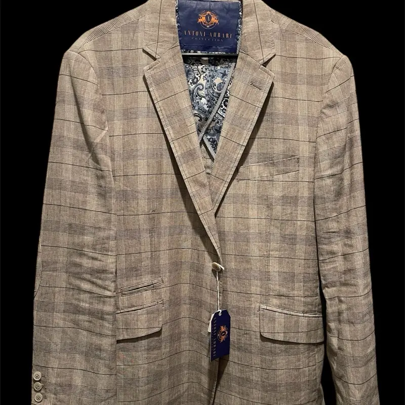 Antoni Ahrari Collection Men's Summer Blazer Size 42R - Taupe Checkered Patterned Jacket with Intrai Yomi Label