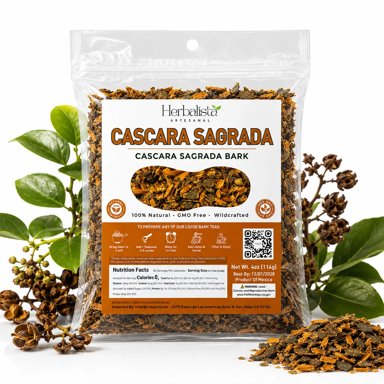 New Improved Premium GMO-Free Cascara Sagrada Loose Leaf Tea, 4oz (114g) - Wildcrafted Bark Bag, 30+ Cups, Better Value - Cascara Sagrada Stick Herbal Tea