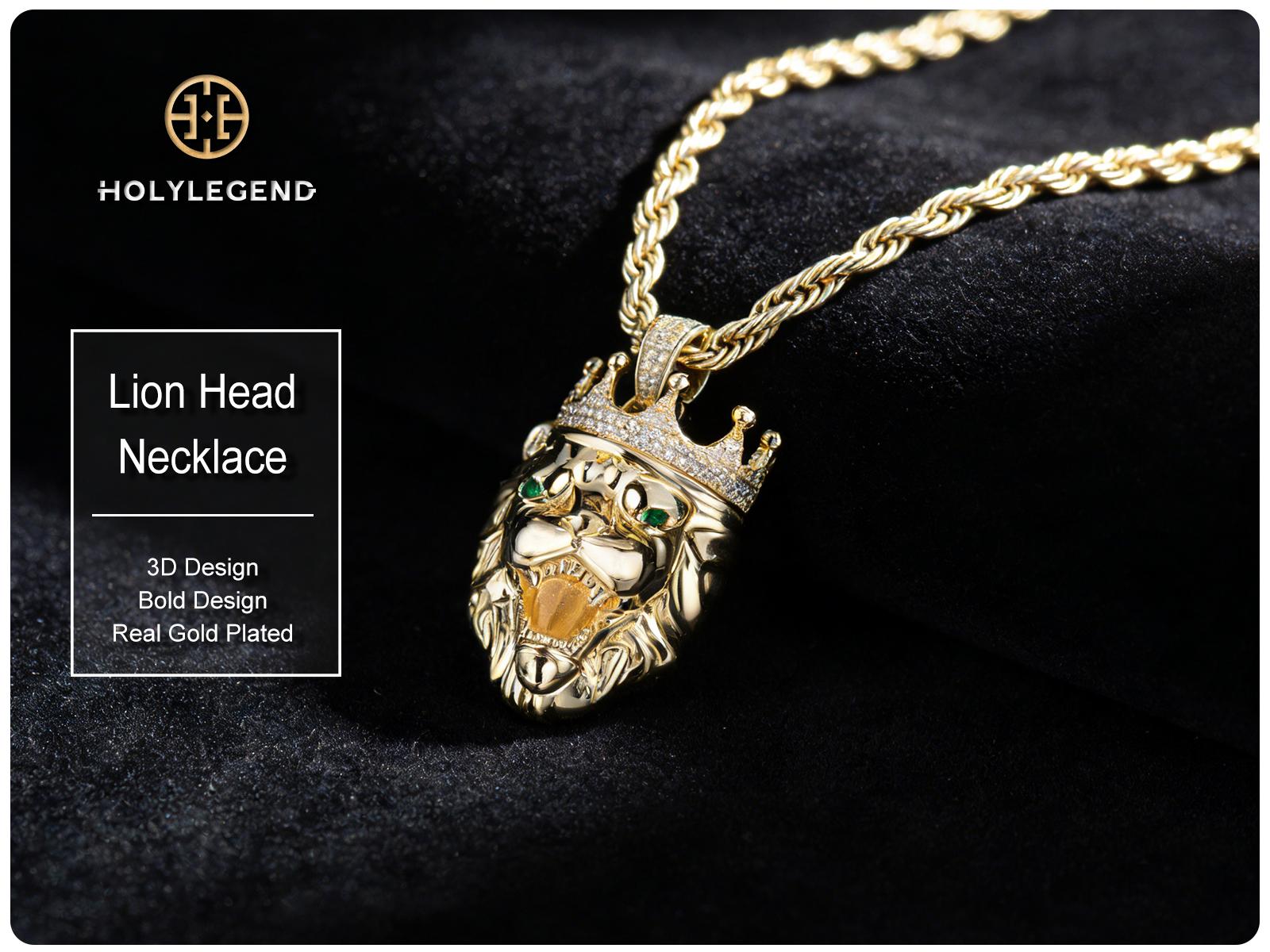Holylegend 14K Gold-Plated Lion Head Pendant Necklace with CZ Diamond Crown, Emerald Eyes