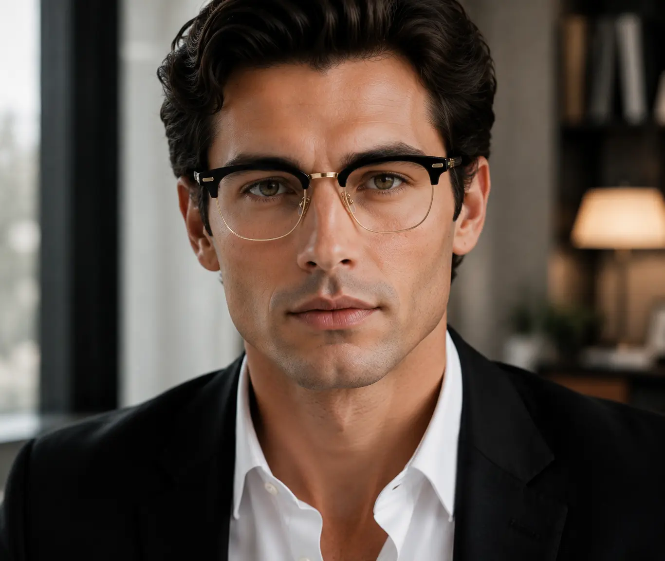 Men’s Luxury Browline Blue Light Blocking Semi-Rimless Business Eyeglasses - Classic Black Gold Square Frame Glasses, Lightweight Stylish Eyeglass, Fashion Accessory Eyewear, Eyewear Frame for Work & Daily Wear