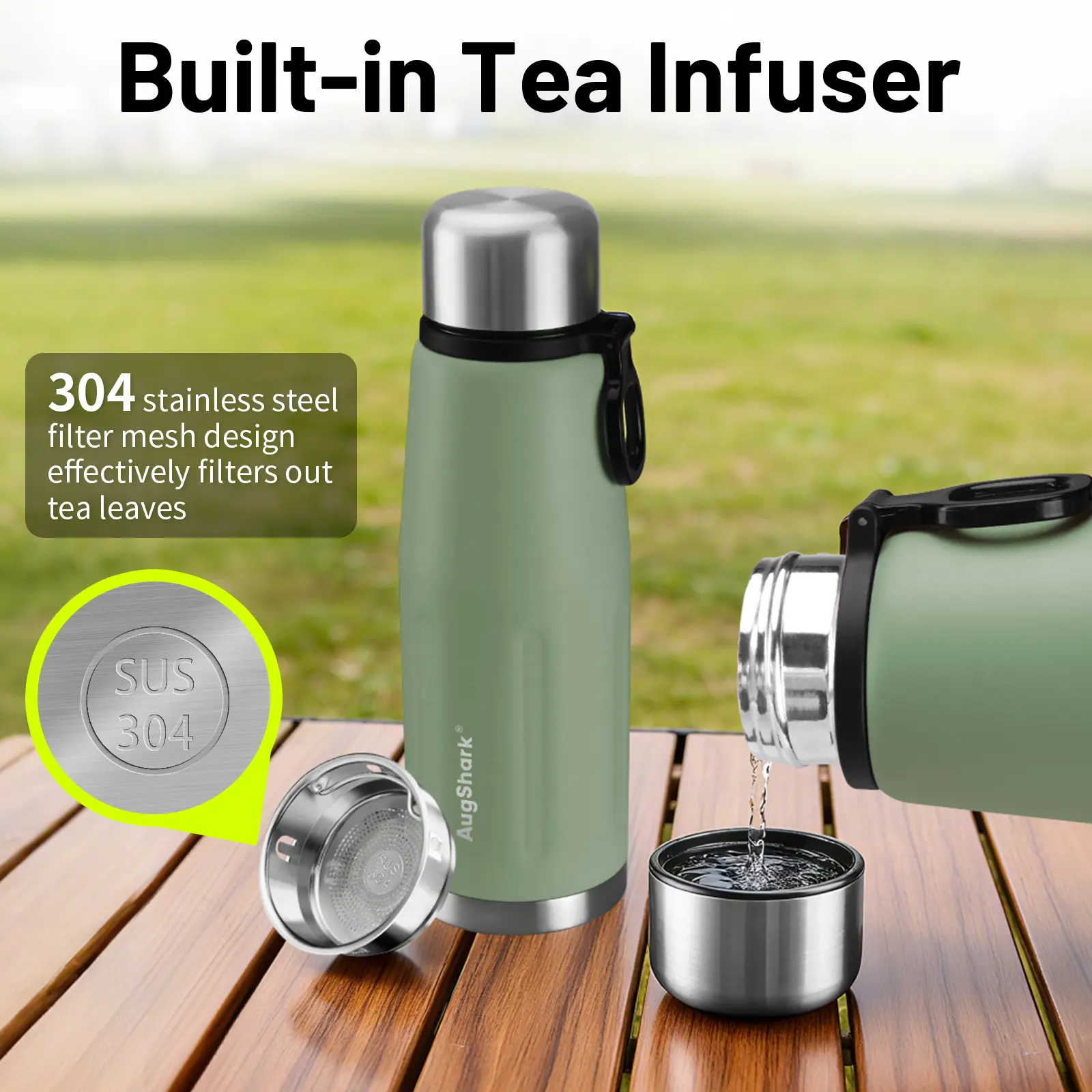 Augshark Newly Updated 3.0 Summer Limited Edition 20oz Green Insulated Water Bottle 316 Stainless Steel Bottle — leak-proof, Easy-Clean & Tea Filter Ready Travel Coffee Cup Thermos Cups water bottle gift holiday birthday travel cup Tumbler Drinkware