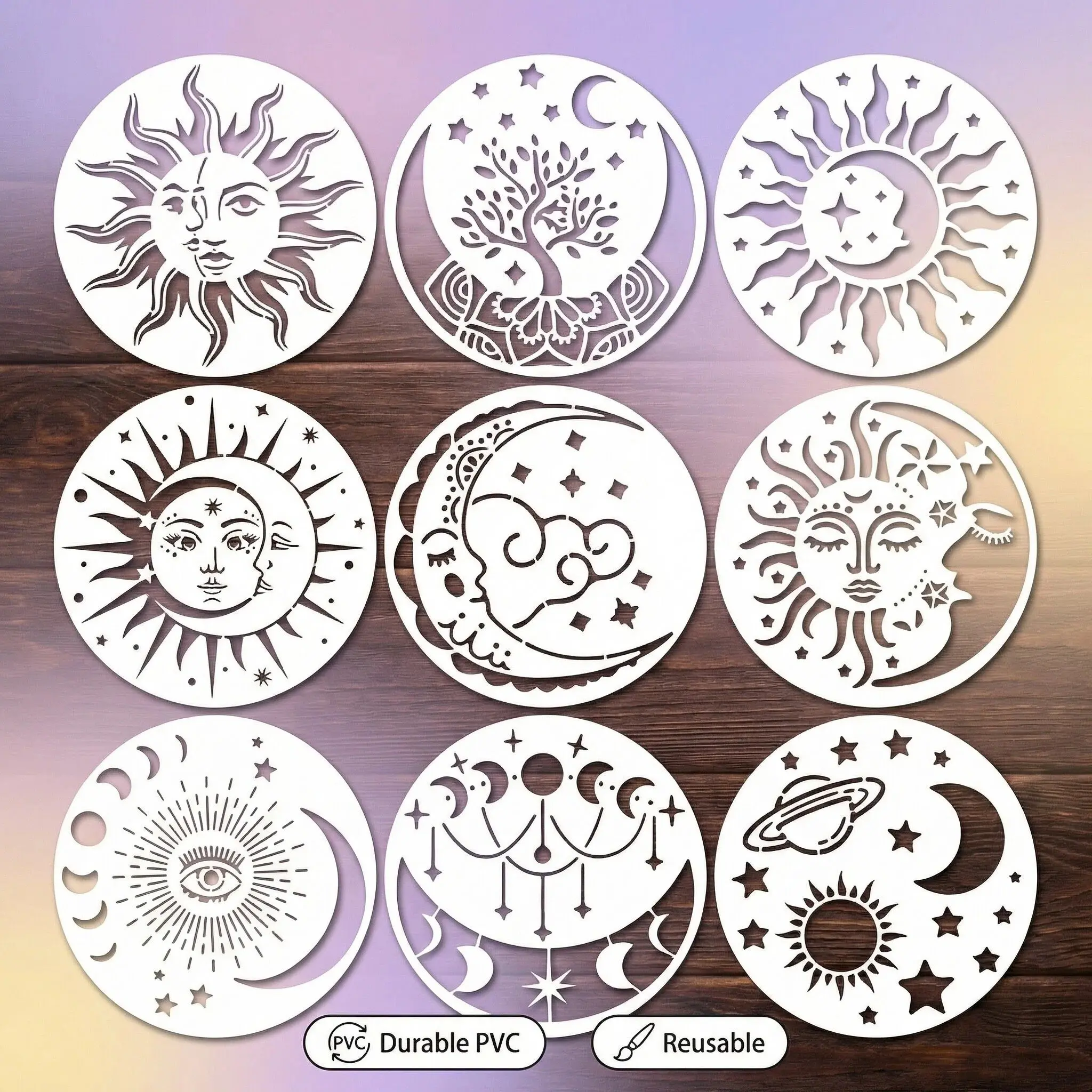9pcs Celestial Mandala Template Set, Reusable Ivory Plastic Templates for DIY Painting & Wall Decor, DIY Painting Supplies, Solar System Designs for Home Art, Durable PVC, DIY Kit