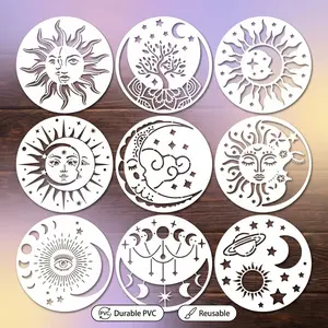 9pcs Celestial Mandala Template Set, Reusable Ivory Plastic Templates for DIY Painting & Wall Decor, Solar System Designs for Home Art, Durable PVC, DIY Kit