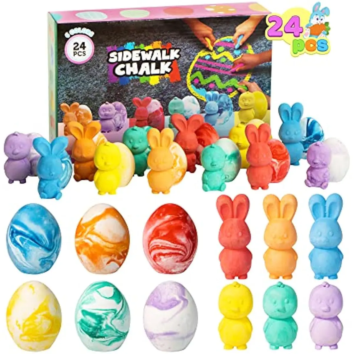 24 Pcs Easter Sidewalk Chalk Set, Easter Eggs Bunny Chicken Gifts for Boys Girls Kids Toddlers for Basket Stuffers Fillers Party Favors