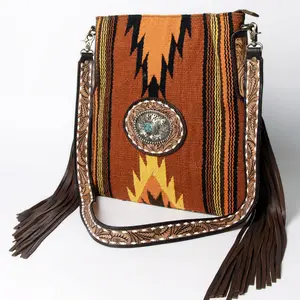 American Darling Large Cross body Bag Hand Woven Saddle Blanket Vegetable-Tanned Genuine Leather Floral Carved Turquoise Concho