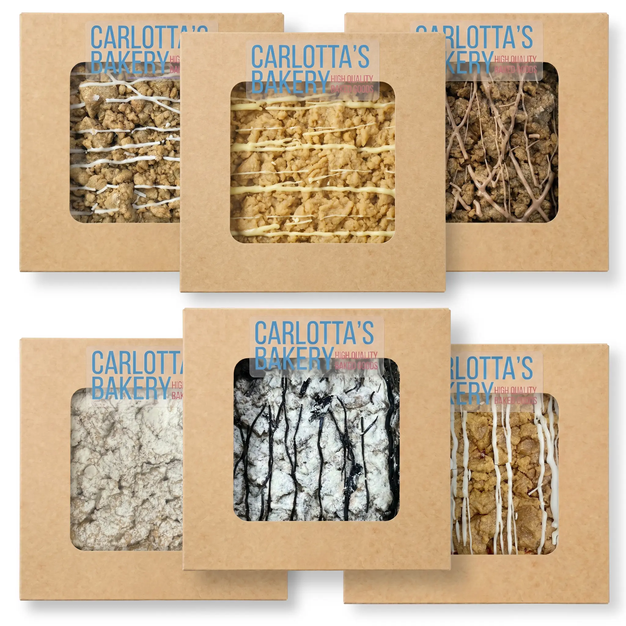 Carlotta's Bakery Crumb Cakes Complete Package, Double Chocolate, Old Fashioned and Cream Cheese, Raspberry, Blueberry and Apple Cinnamon