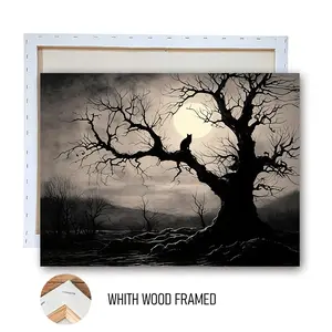1pcs FRAMED Mystery Moonlit Night Black Cat Dead Tree Decorative Painting Modern Simple Living Room Entrance Study Wall Art with Wooden Frame Canvas Painting Home Soft Decoration Painting Home Decor
