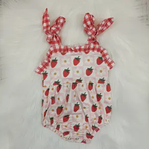 SR0978-Cute Baby Floral Strawberry  Pink Halter Girls Romper