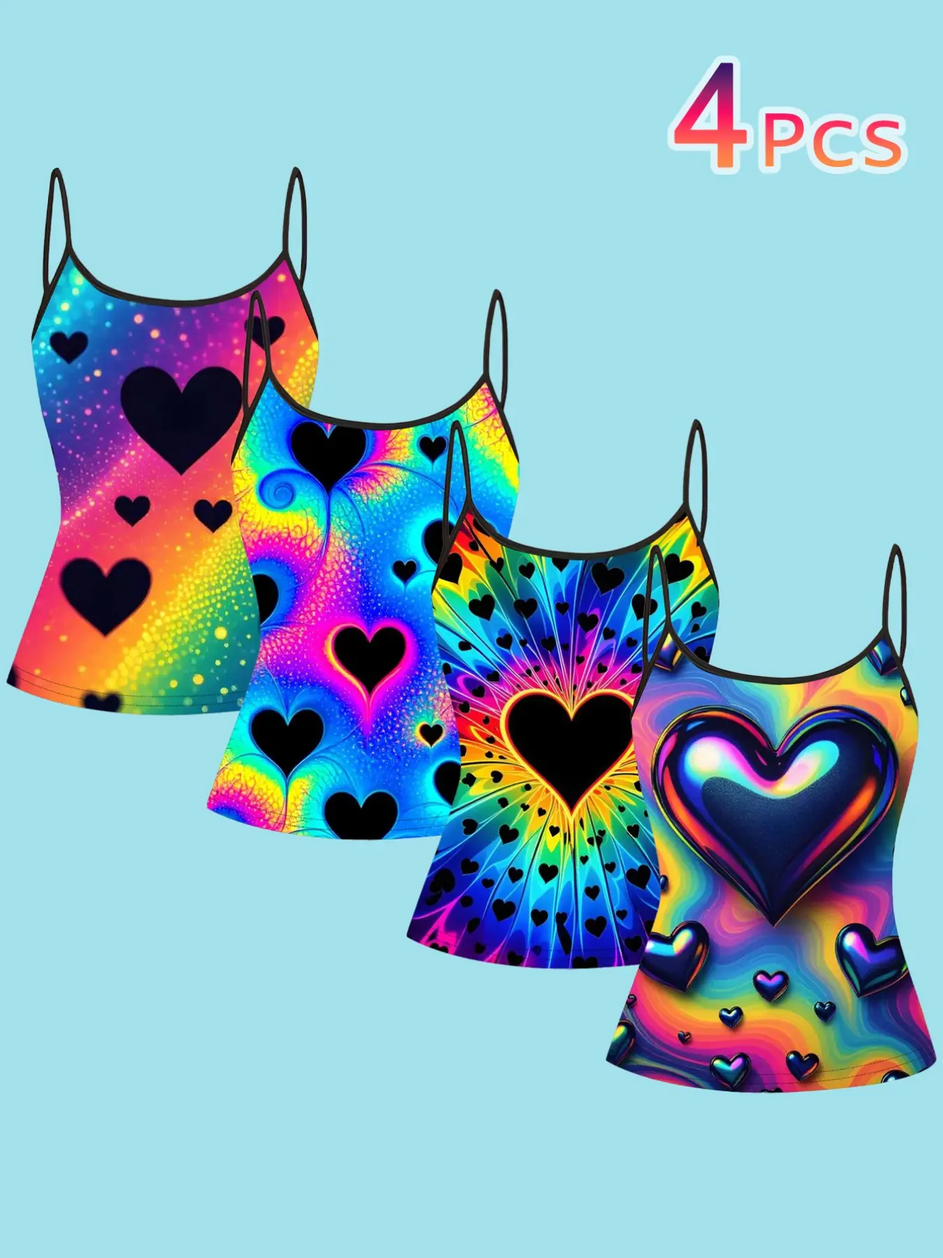 4 Pcs Heart Tie-Dye Strapless Tank Tops for Women, Summer Y2K Style, Slim-Fit Casual All-Over Print, Sleeveless Inner & Outer Wear, Casual Summer Clothing
