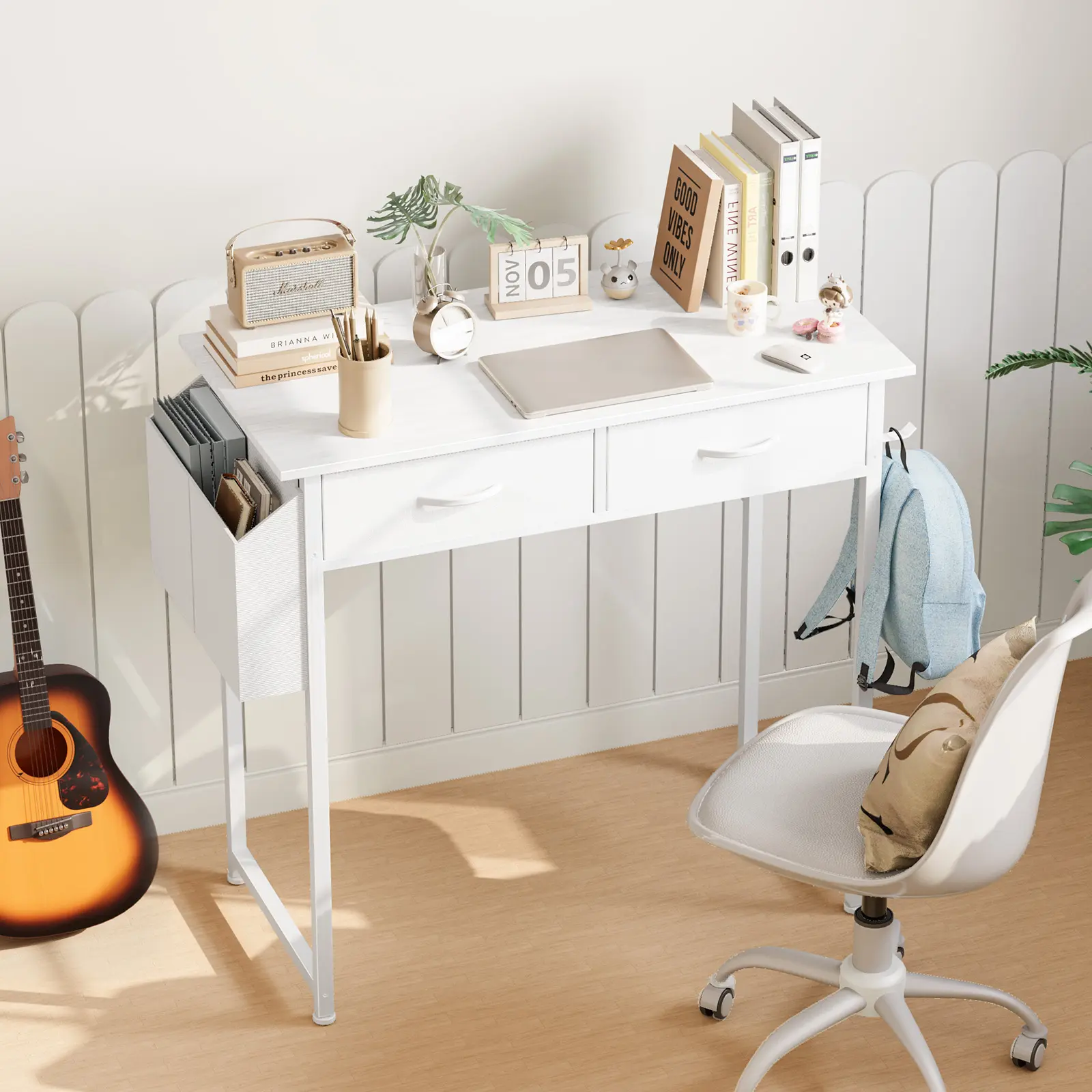 White Computer Desk w/ Storage Drawers - 32x15.7 Inch Office Desk, 2-Tier Drawer, Modern Design for Home, Bedroom, Study