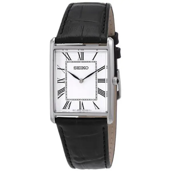 SEIKO ESSENTIALS QUARTZ WHITE DIAL BLACK LEATHER WATCH