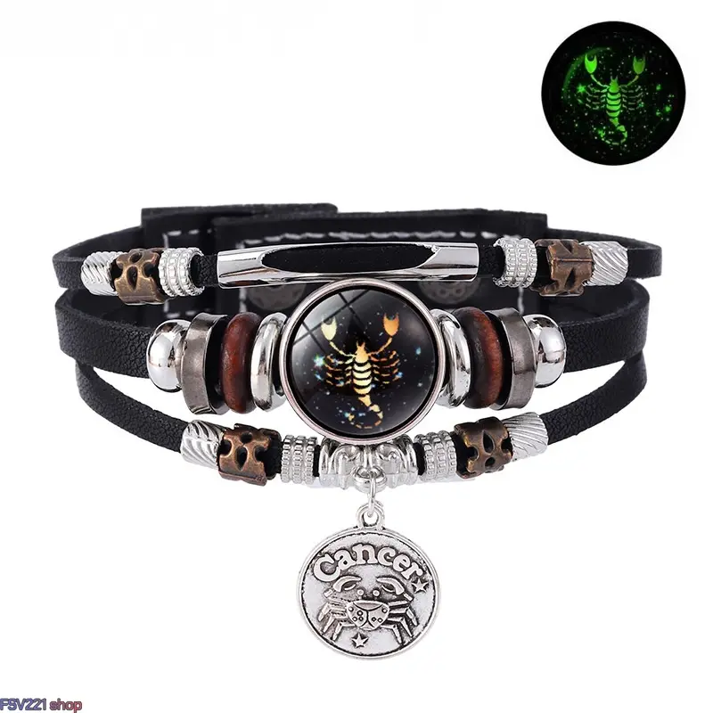 Zodiac Charm Bracelet for Men-Women, Layered Leather Bangle with Glow-in-the-Dark Constellation & Adjustable Band, Gemini-Aries-Taurus-Cancer-Capricorn Adjustable Bands Bracelets & Bangles, Arm Candy Accessories, Durable, Comfortable Construction