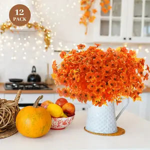 Der Rose 12 Bundles UV-Resistant Artificial Outdoor Mums, Decorative Flower, Colorful Faux Fall Flowers for Thanksgiving Home Porch Patio Garden Ornaments (Orange), Colorful Faux Flower