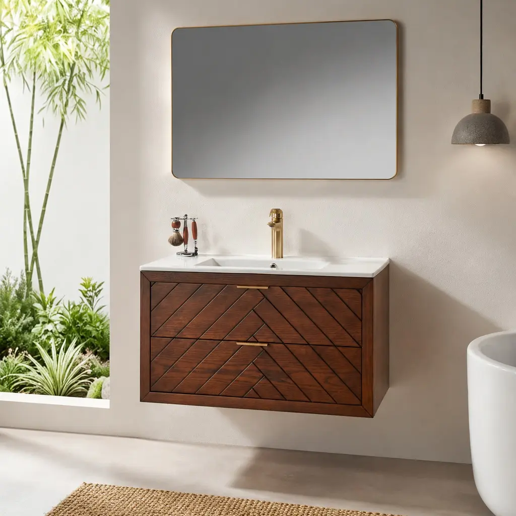 36-Inch Wall-Mounted Floating Bathroom Vanity Cabinet with Ceramic Sink Top, Natural Walnut Plywood, Pre-Assembled Single Vanity with 2 Drawers, Modern Wall Hung Bathroom Storage Cabinet for Bathroom Organization, Natural Walnut Color Options