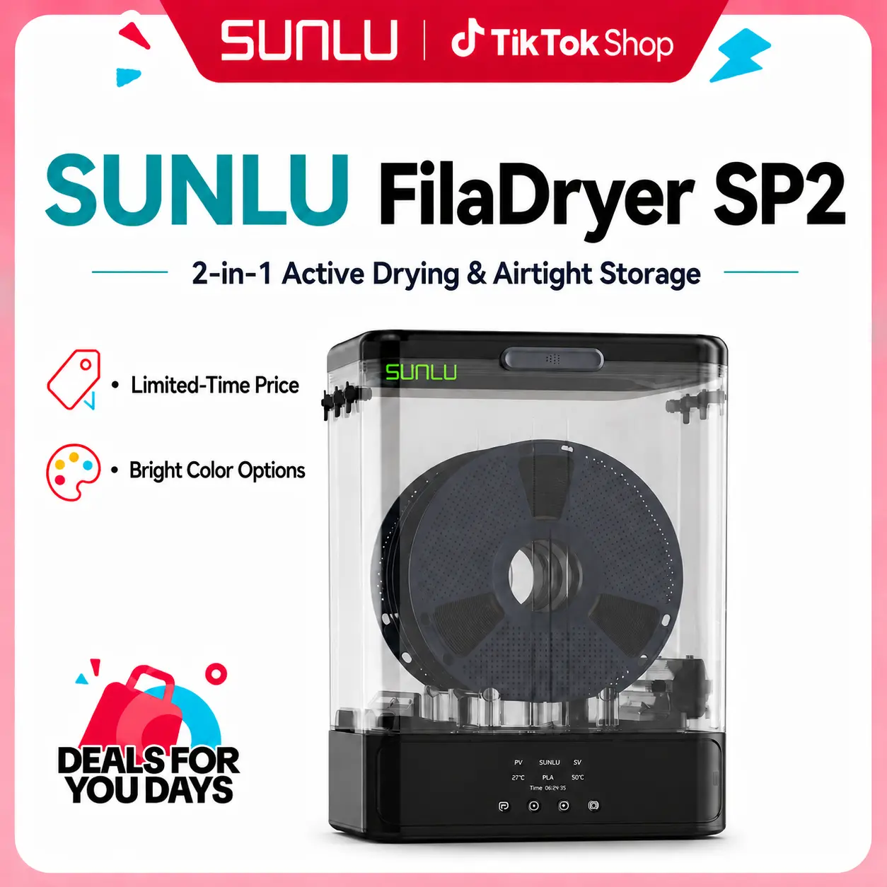 SUNLU FilaDryer SP2, 2-in-1 Filament Dryer Combine with Storage Box, Compatible with spool size 1kg×2 or 2kg×1 or 3kg×1