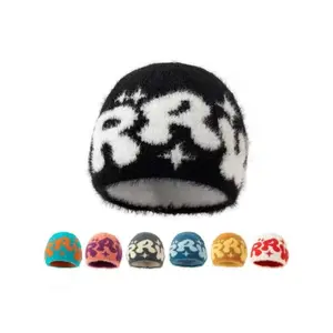 Unisex Knitted Beanie Hat - Letter Jacquard Detailing, Soft Faux Fur Inner Layer, Warm Fashionable Headwear for Cold Weather, Daily Wear, Knitted Hat
