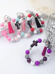 Jesus Cross Beaded Wristlet Keychain, Silicone Bead Tassel Keyring, Christian Faith Gift Bag Charm, Religious Jewelry Accessory