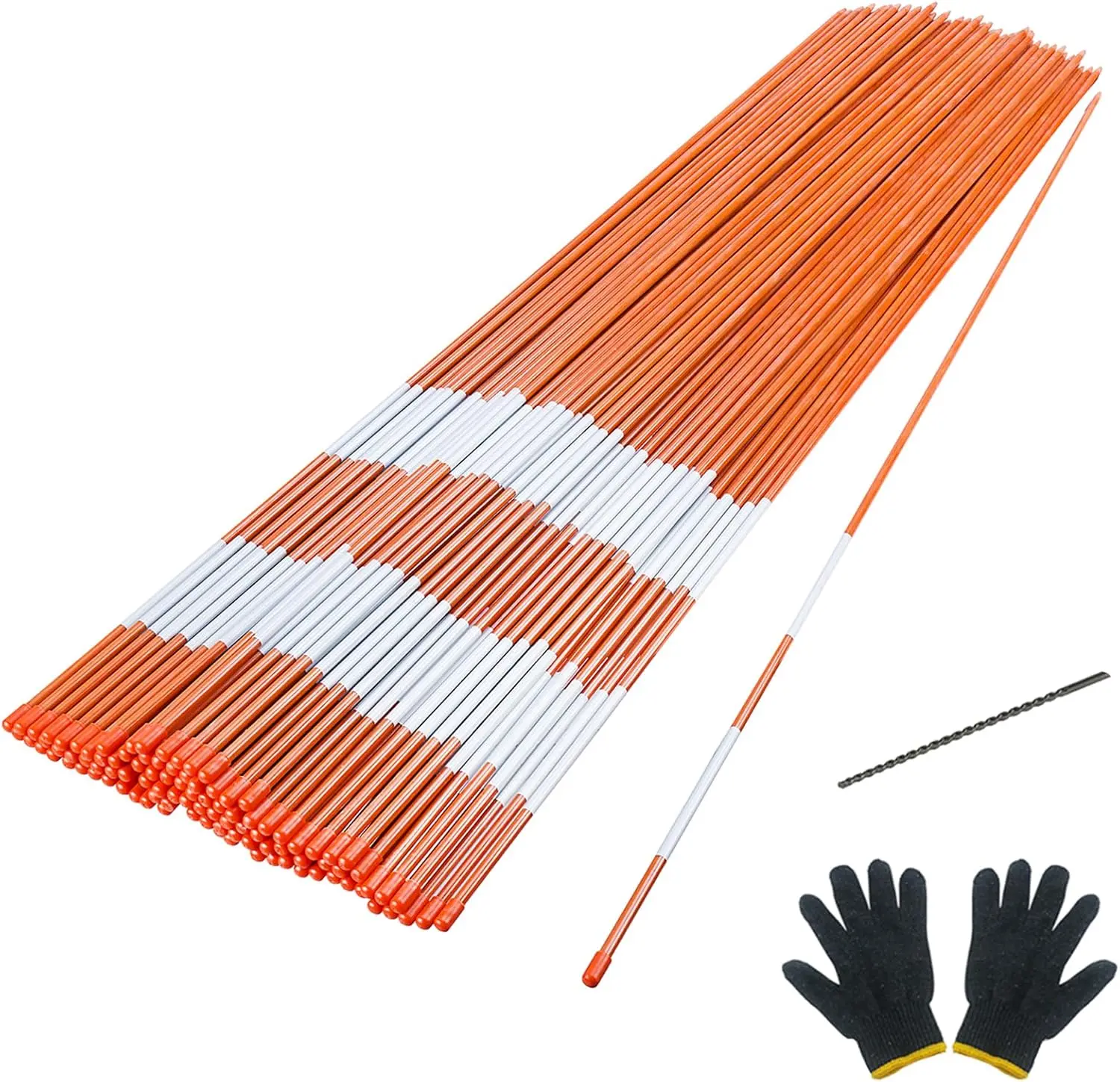 100 PCS Bulk Fiberglass Outdoor Driveway Markers (72 in, 1/4 in Dia) with Reflective Tape Stakes, Steel Pilot Hole Drill Bit & Protection Gloves for Garden, Exterior Areas
