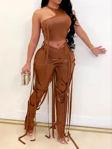 Women's Solid Lace Up Pants Two-piece Set, Back To School Asymmetrical Neck Tie Back Crop Tank Top & Split Hem String Decor Trousers, Two Piece Set Women,  Hip Hop Style Clothing Set, Musical Festival for Christmas