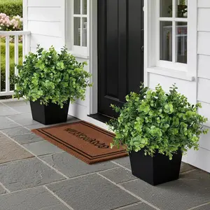 Set of 2 Artificial Eucalyptus Topiary Ball Trees for Front Porch Decor - 17" Faux Eucalyptus in Pot,Realistic Fake Eucalyptus Leaves Potted Plant for Farmhouse Home Front Door Outdoor Decor (Green)