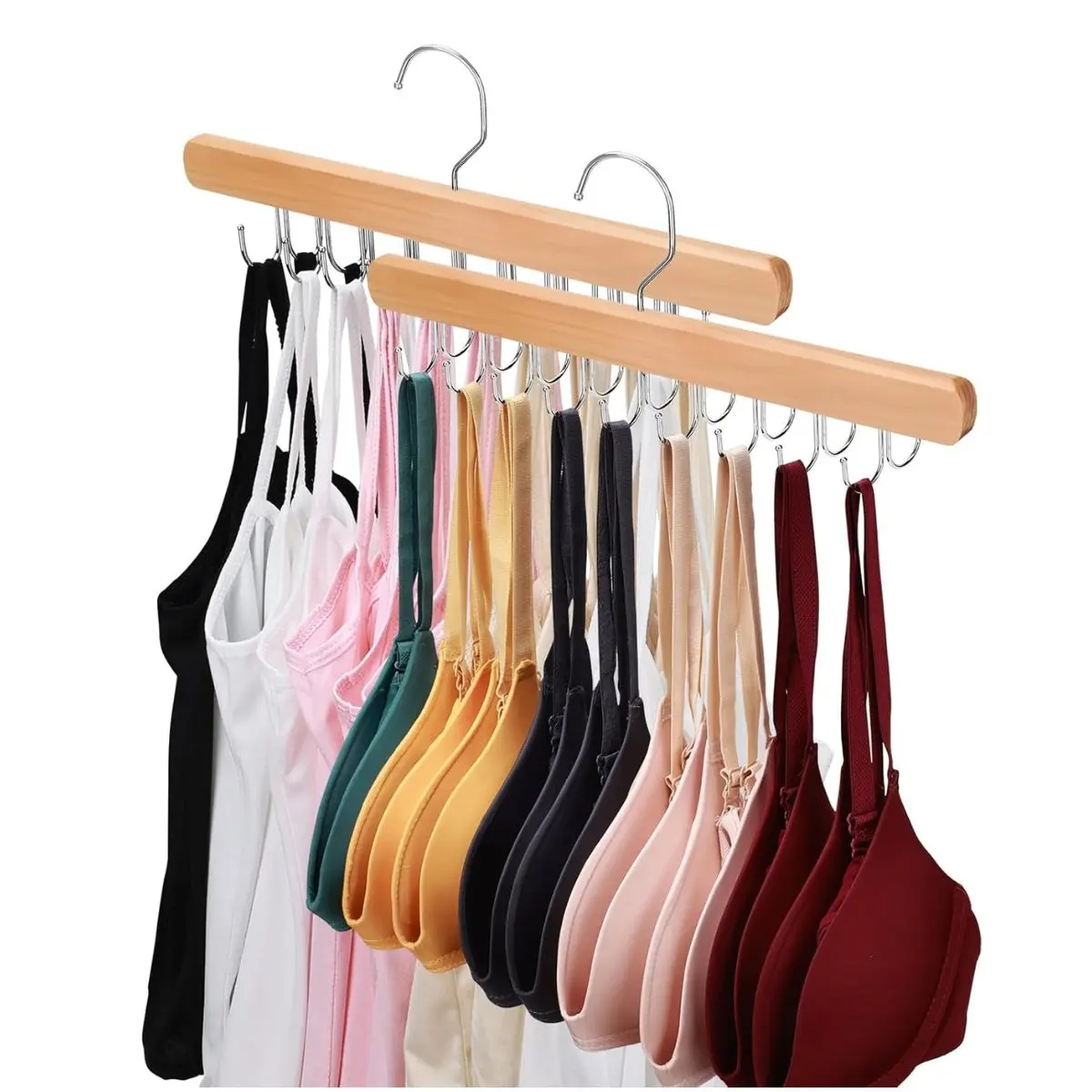 2 Pack Wooden Bra Hanger Organizer – 360° Rotating Closet Storage with 36 Foldable Hooks