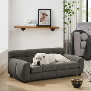 Soft and comfortable pet sofa with backrest and armrests, suitable for modern rectangular pet sofas for small and medium-sized dogs,-dark gray