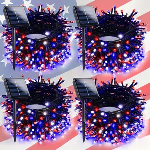 July 4th outdoor decorations, Independence Day string lights set (4 pieces), red/white/blue solar string lights, 400 LEDs, 160 ft patriotic lights, Independence Day garden tree decoration solar string lights, IP65 waterproof