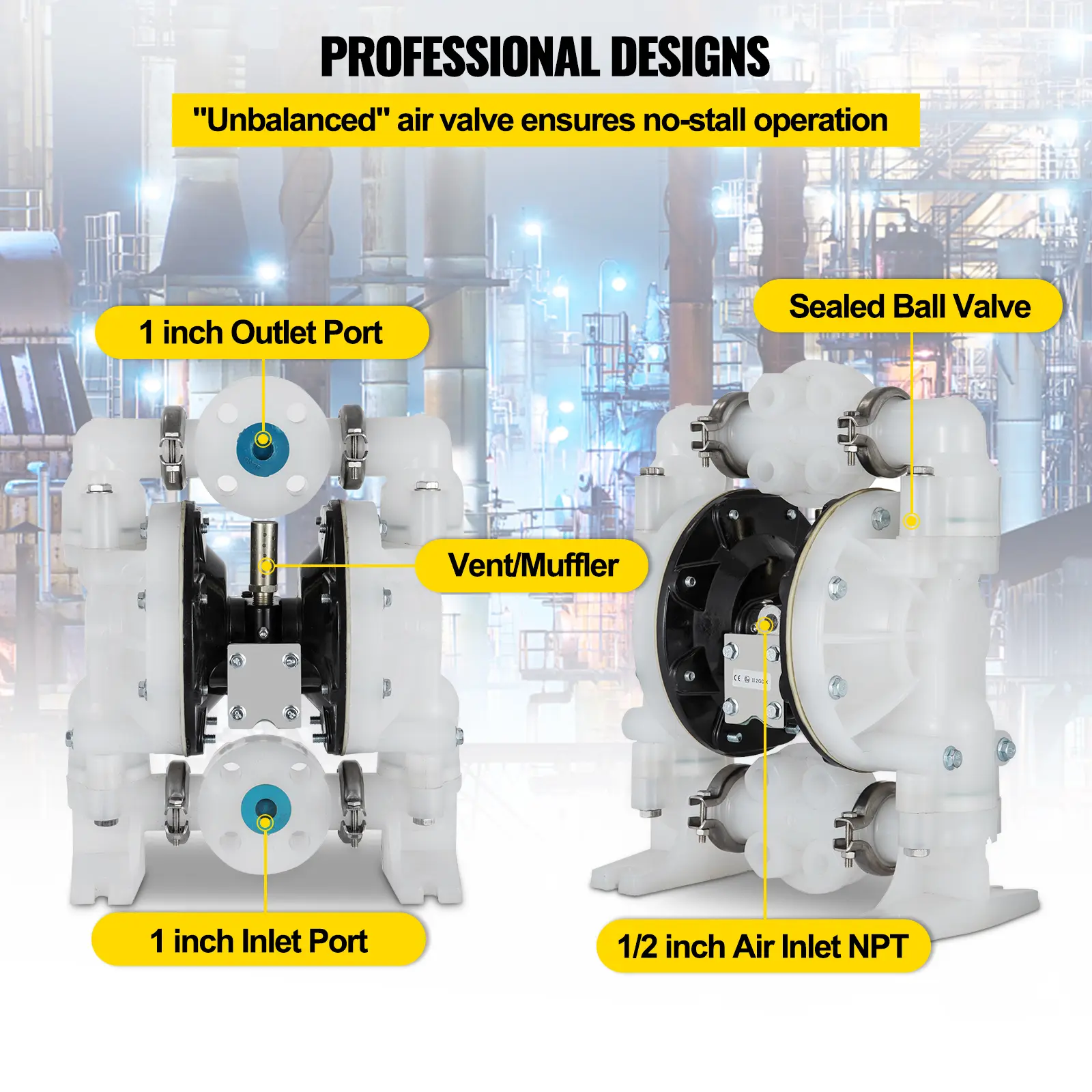 VEVOR Corrosion-Proof Plastic Air-Operated Double Diaphragm Pump, 1 in Inlet/1 inch Outlet Port, 30GPM Polypropylene, Max 120 PSI, for Chemical, Industrial Use, Compatible with Detergent & Chemical Fluids