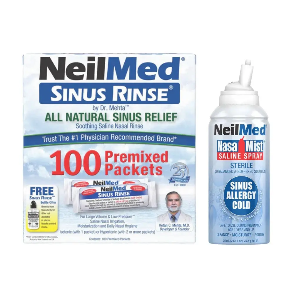 NeilMed Sinus Rinse Premixed Packets 100ct & NasaMist Isotonic Saline Spray Bundle - All Natural Sinus & Nasal Hygiene Duo - 240mL Wash + 2.53oz Spray